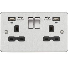 13A 2G Switched Socket, Dual USB Charger (2.4A) with Indicators - Brushed Chrome with Black Insert
