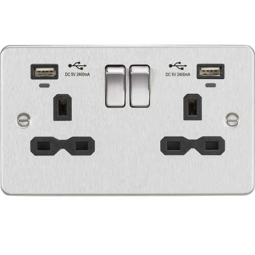 13A 2G Switched Socket, Dual USB Charger (2.4A) with Indicators - Brushed Chrome with Black Insert