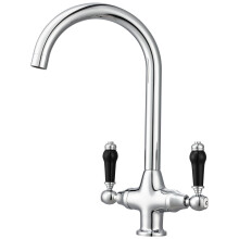 Kitchen Sink Tap Mixer with Black Dual Lever Traditional Mono Swan Neck Victorian Style Kitchen Mixer Faucet 360 Swivel Spout Brass Chrome Monobloc Ru