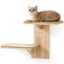FUKUMARU Cat Wall Shelves, 2 Platform Cats Wall Furniture, Tree Shape Wall-Mounted Floating Shelf with Sisal Mat, Solid Rubber Wood Cat Perch for 16 i