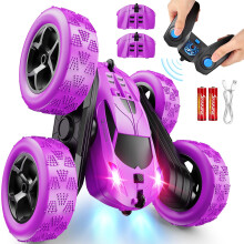 QUNREDA Purple RC Stunt Car, 2.4 GHZ Double Sided 360 Rotating Remote Control Crawler with Headlights for Girls 6-12