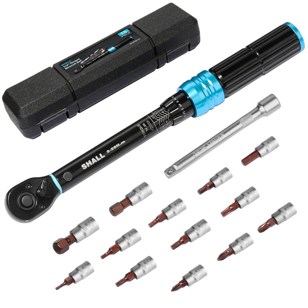 Shall 15-Piece 1/4" Torque Wrench Set, (2-25Nm) Dual Direction Adjustable 72 Tooth For Bike And Motorcycle Maintenance,With Extension Pole And Storage 762983170308