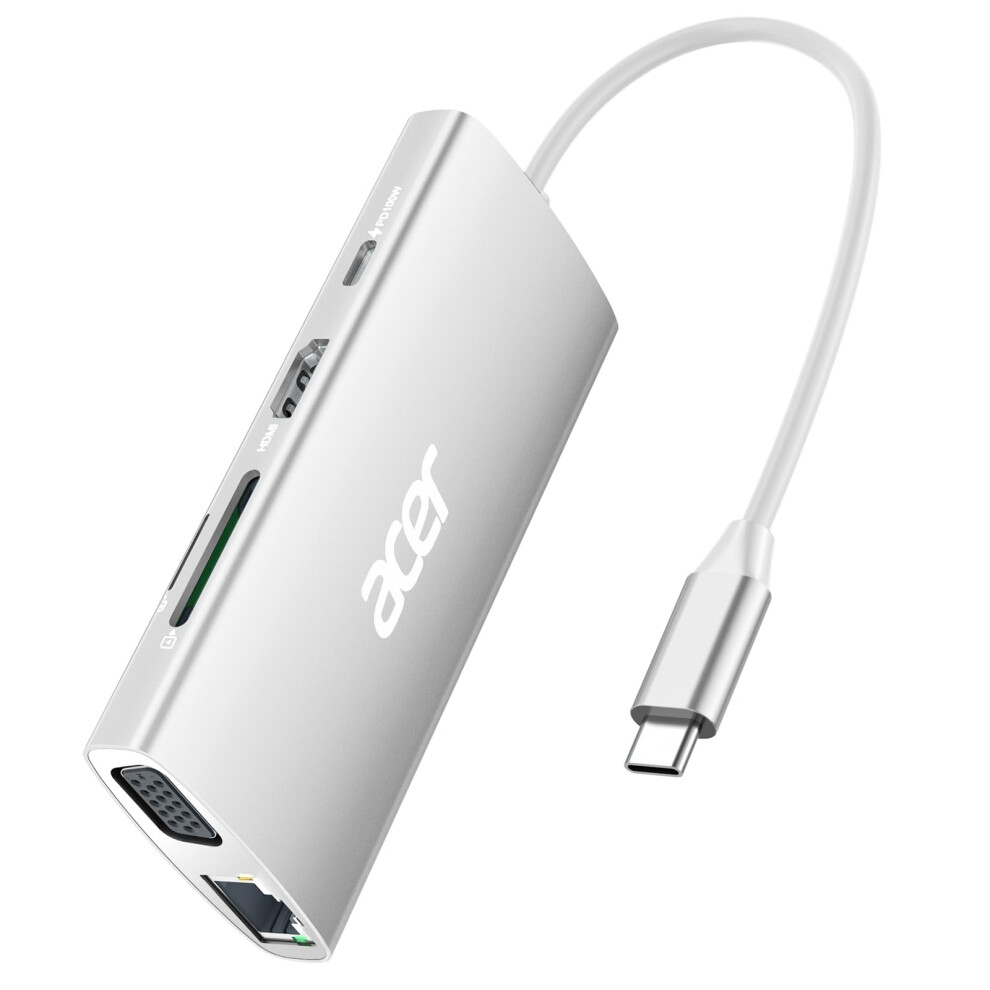 Acer Usb C Hub With 4K@30Hz Hdmi, 9-In-1 Usbc To Ethernet Adapter, 5Gbps Usb-A Docking Station, Pd 100W Charging, Sd Card Reader, Vga Splitter For Mac