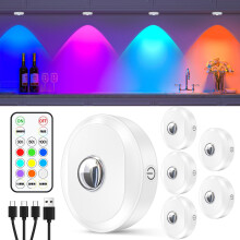 WILLED Rechargeable RGB Puck Lights with Remote Control, 1200mAh Under Cupboard Kitchen Lamp, Dimmable Under Cabinet Lighting with Timing Function, Wi
