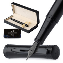 Wordsworth & Black Fountain Pen Set, Medium Nib, Includes 24 Pack Ink Cartridges, Ink Refill Converter & Gift Box, Calligraphy, [All Black], Perfect f