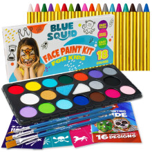 Blue Squid Face Paint Kit & Body Crayon Sticks Bundle - 18-color Face Painting Kit for Kids & 18 XL Crayons & Markers for Skin with 18x Stencils, Brus