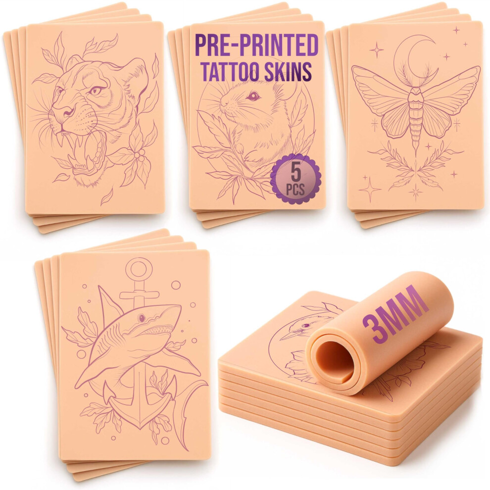 Stencil Skins 5 Pre-Printed Tattoo Practice Skins | Free Tutorial | 3Mm Fake Skins For Tattooing (Neo-Traditional Set Of 5, Normal Skin)