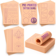 5 Pre-Printed Tattoo Practice Skins | Free Tutorial | 3mm Fake Skins for Tattooing (Apprentice Set of 5, Normal Skin)