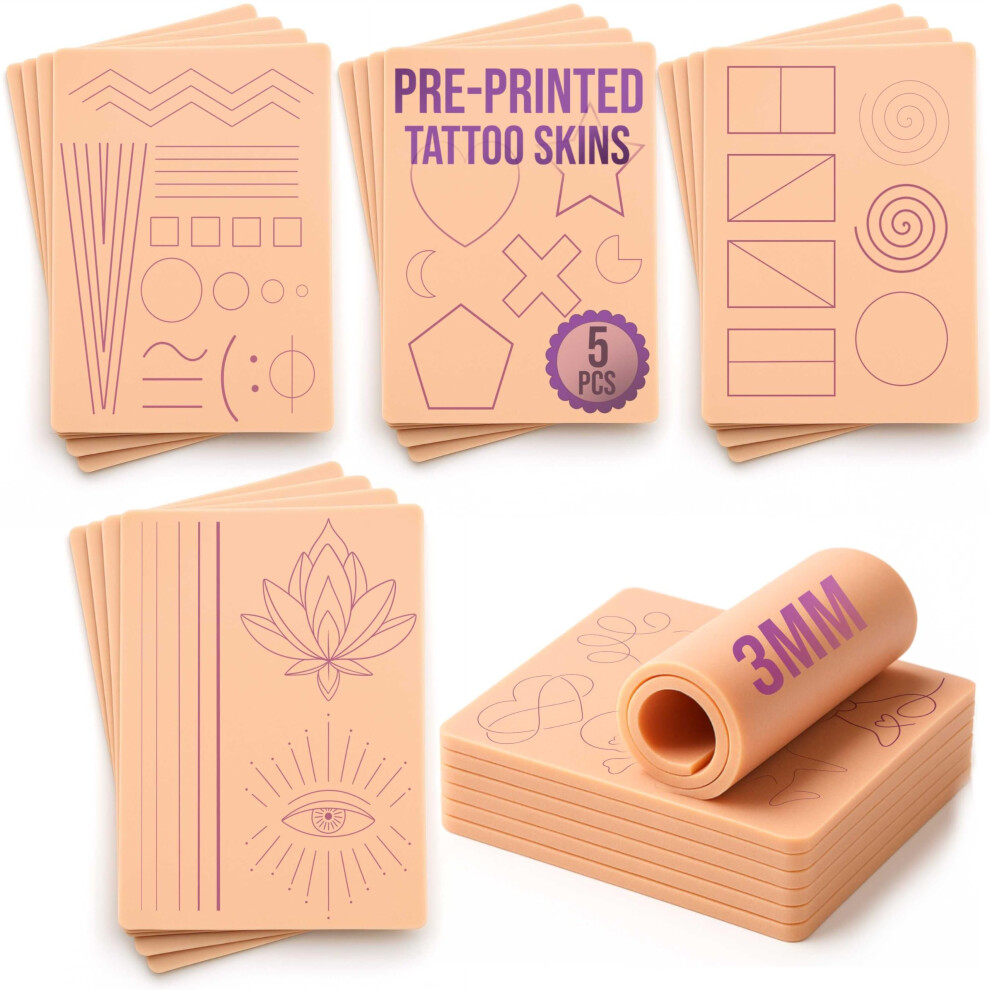 Stencil Skins 5 Pre-Printed Tattoo Practice Skins | Free Tutorial | 3Mm Fake Skins For Tattooing (Apprentice Set Of 5, Normal Skin)
