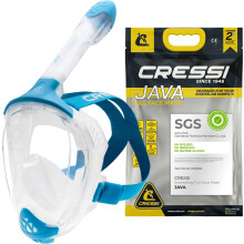 CRESSI Java Full Face Mask Clear/Blue S/M-Full Face Compact Fit Snorkel Mask, Ultra Clear Anti Fog Lens, 100% Silicone, Snorkel Dry with Safety Valves