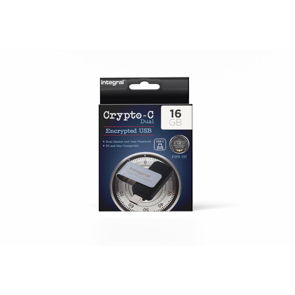 Integral 16Gb Crypto-C Dual Encrypted Usb Flash Memory Drive, Aes-Xts 256-Bit Hardware Encrypted Usb 3.2 With Secure Dual Password - Certified To Fips 5055288451414