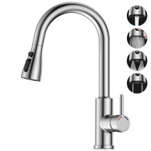 SREWOHS PRO Kitchen Mixer Tap Brushed Stainless Steel – Pull-Out Spray Hose, 4 Spray Modes, 360 Swivel, High Arc, Single Lever, 1-Hole Installation,