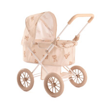 Roma Teddy My First Dolls Pram - Baby Doll Accessories with Teddy Design, Metal Frame, Safety Belt, Fits Dolls Up to 20 Inches, 55cm Handle, Beige, Ag