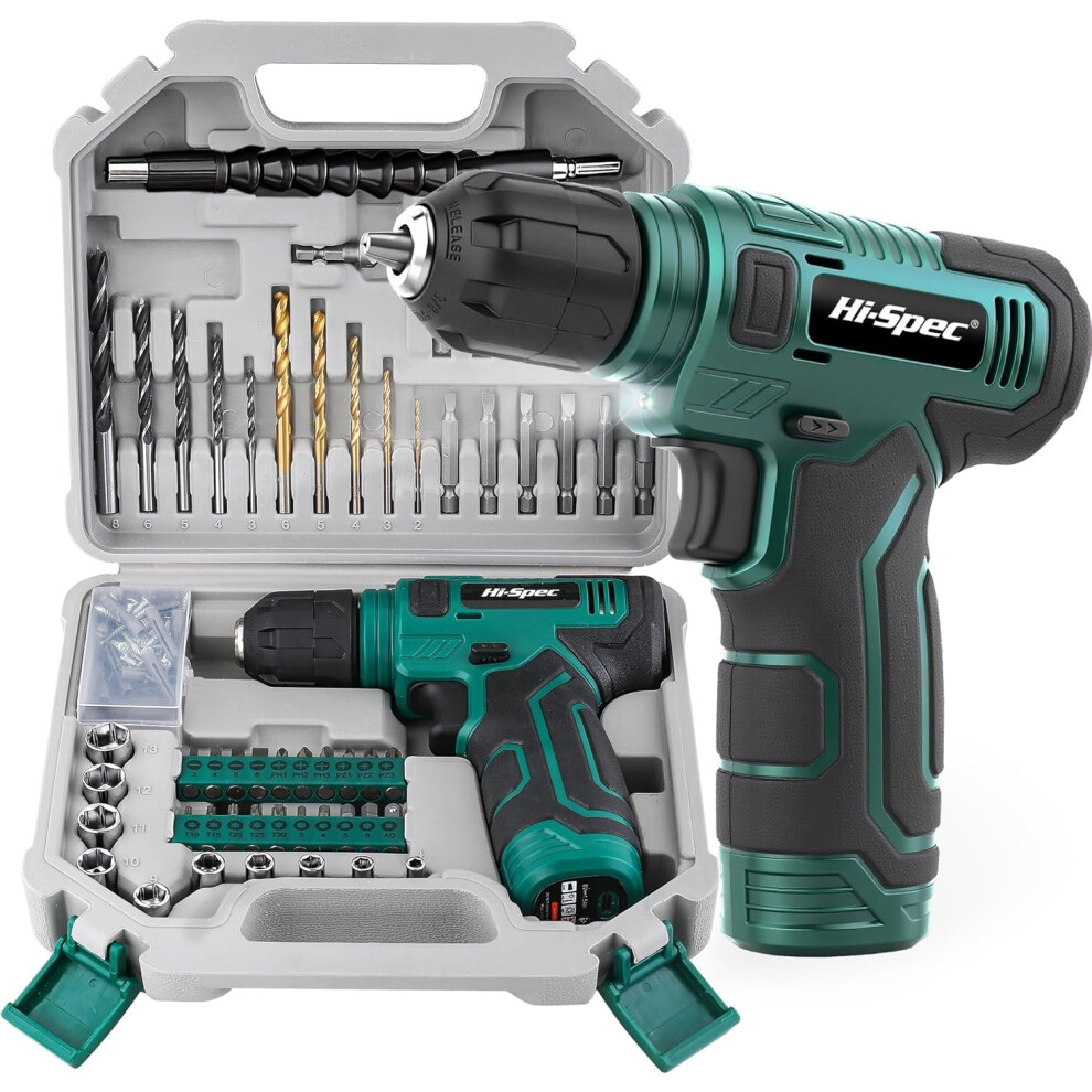 Hi-Spec 8V Green Electric Cordless Power Drill Driver, Power Screwdriver Bits, Wood, Metal, And Masonry Drill Bit Set Accessories. 6945583102311