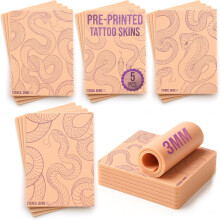 Stencil Skins Pre Printed Tattoo Practice Skin Set 5 Serpentine Designs, 3mm Silicone Fake Skin Pad, Practice Line Work, Shading & Colour for Apprenti