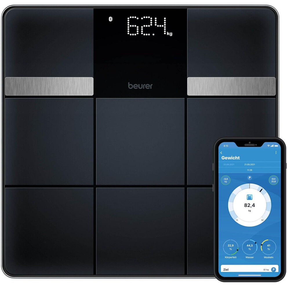 Beurer Bf 450 Bathroom Scale With App Connection Via Bluetooth, Digital Body Fat Scales With 17 Measurements Including Body Fat, Muscle Mass, Bmi, 8 U