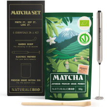 NaturaleBio Electric Matcha Set. Contains Japanese Premium Grade Matcha Powder 50g, Electric frother and 100% Natural Bamboo Scoop.