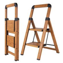 BIBKOKE Step Ladder 2-Step Woodgrain Finish Aluminum Folding Step Ladders,Anti-Slip Max 330 lbs