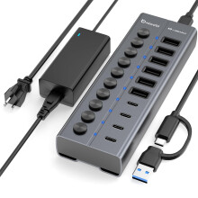 Powered USB Hub, 10-Port USB C Hub with 6 USB-A 3.2, 4 USB-C 3.2 Ports, Individual Switches and 12V/5A Power Adapter, Aluminum USB Extension for MacBo