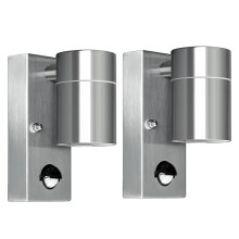Kerry Outdoor Motion Sensor Wall Lights, Downward Outside Lighting Mains Powered, IP44 Silver Stainless Steel Downlight, Exterior PIR Detector Securit