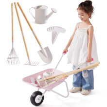 ROBOTIME Kids Metal Wheelbarrow & Planting Tools, 5PC Large Gardening Set with Adjustable Pine Handle, Outdoor Backyard Playset with Watering Can, Rak