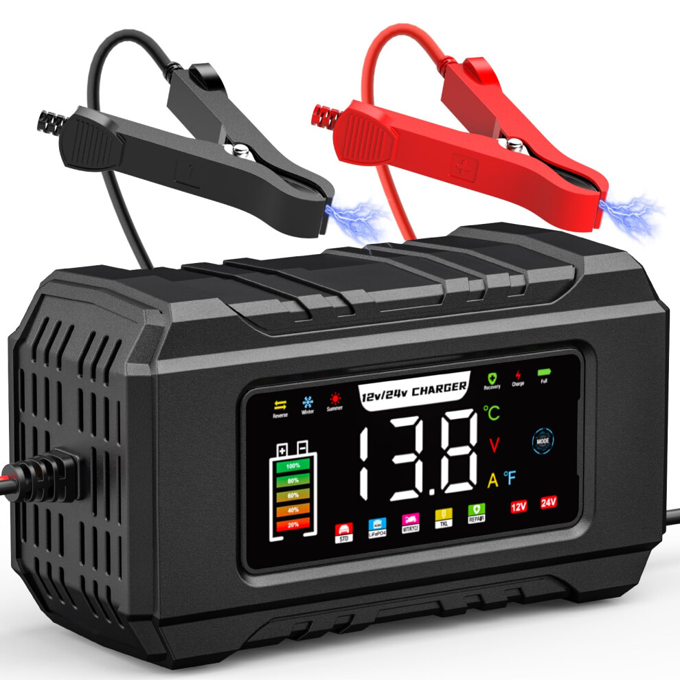 15A Car Battery Charger, 12V/24V Smart Fully Automatic Battery Charger//Maintainer With Temperature Compensation For Car, Motorcycle, Suv, Lithium Bat 750834131028
