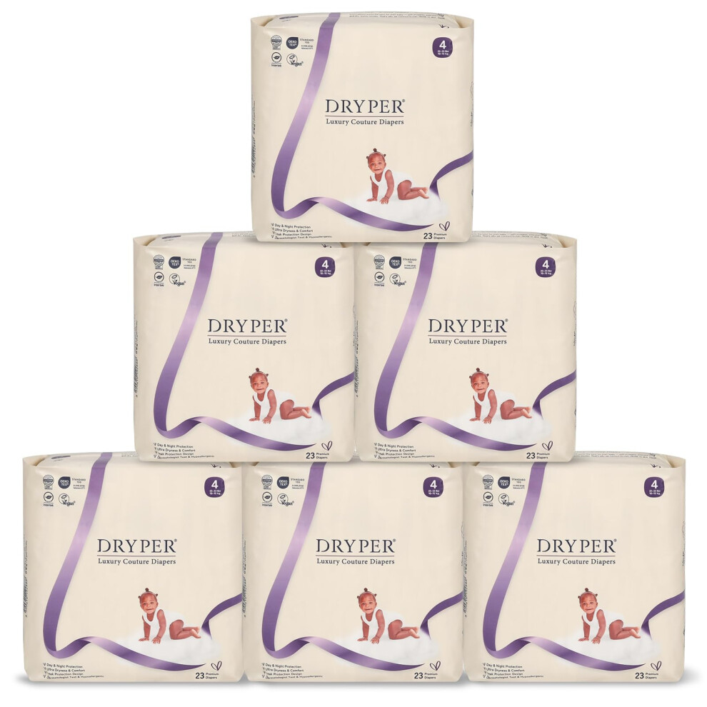 Dryper Baby Nappies Size 4 (10-15Kg), 138 Count, Ultra-Thin Soft Hypoallergenic Nappies For Sensitive Skin, 3D Leak Guards, Wetness Indicator, Day & N