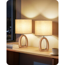 GOEBLESON Small Table Lamps Set of 2, Wood Desk Lamp with Ring-Shaped Base and Linen Lampshade, Bedside Lamp, E27 LED Bulb Included, for Living Room,