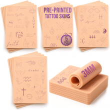 Stencil Skin 5 Pre Printed Tattoo Practice Skins Free Tutorial 3mm Fake Skins for Tattooing Fine Line Set of 5, Extra Soft Skin