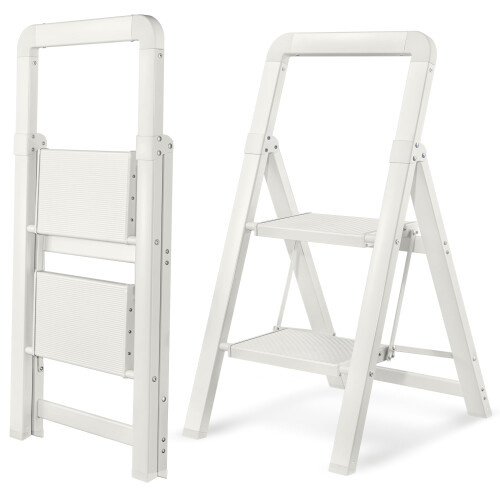 BIBKOKE Step Ladder 4-Step White Finish Aluminum Folding Ladders