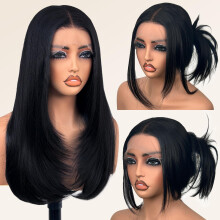 Glueless Synthetic Lace Front Wig 26 Inches Pre Plucke Long Straight Black Wigs for Black Women 13x5x1 HD Lace Hand Tied (#1B Natural Black, 26 Inch)