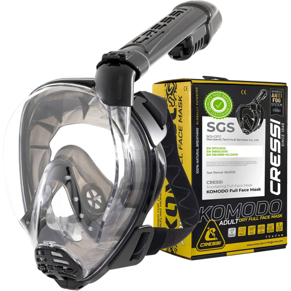 Cressi Komodo Full Face Dry Snorkelling Mask - 180 Panoramic View Snorkelling Mask - Dry Side Snorkel & Adult Snorkel Set - Co2 Safe Silicone Skirt