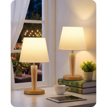 GOEBLESON Small Bedside Lamps Set of 2, Wood Bedside Table Lamp with White Linen Shade, 3 Color Temps, E27 LED Bulb Included, Cute Little Desk Lamp fo