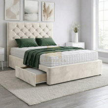 (6ft Super King, Blue(with Mattress)) Luxury Plush Velvet Divan Bed with 2 Drawers & 54" Chesterfield Diamond Button Headboard