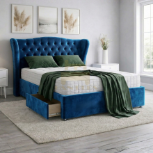 (3ft Single, Steel(with Mattress)) Curved Wing Chesterfield Double Divan Bed Plush Velvet with 2 Storage Drawers & Mattress Option
