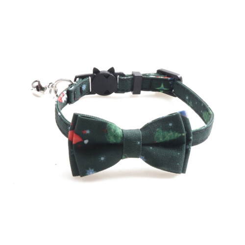 Christmas Snowman & Tree Pattern Pet Collar with Bells, Style:With Bow(Green) 1