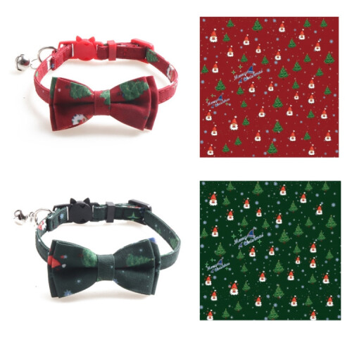 Christmas Snowman & Tree Pattern Pet Collar with Bells, Style:With Bow(Green) 2
