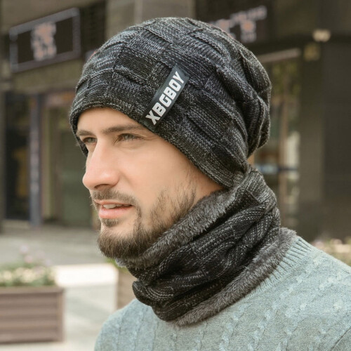 Set da uomo composto da cappello e sciarpa foderati in pile, passamontagna convertibile 1
