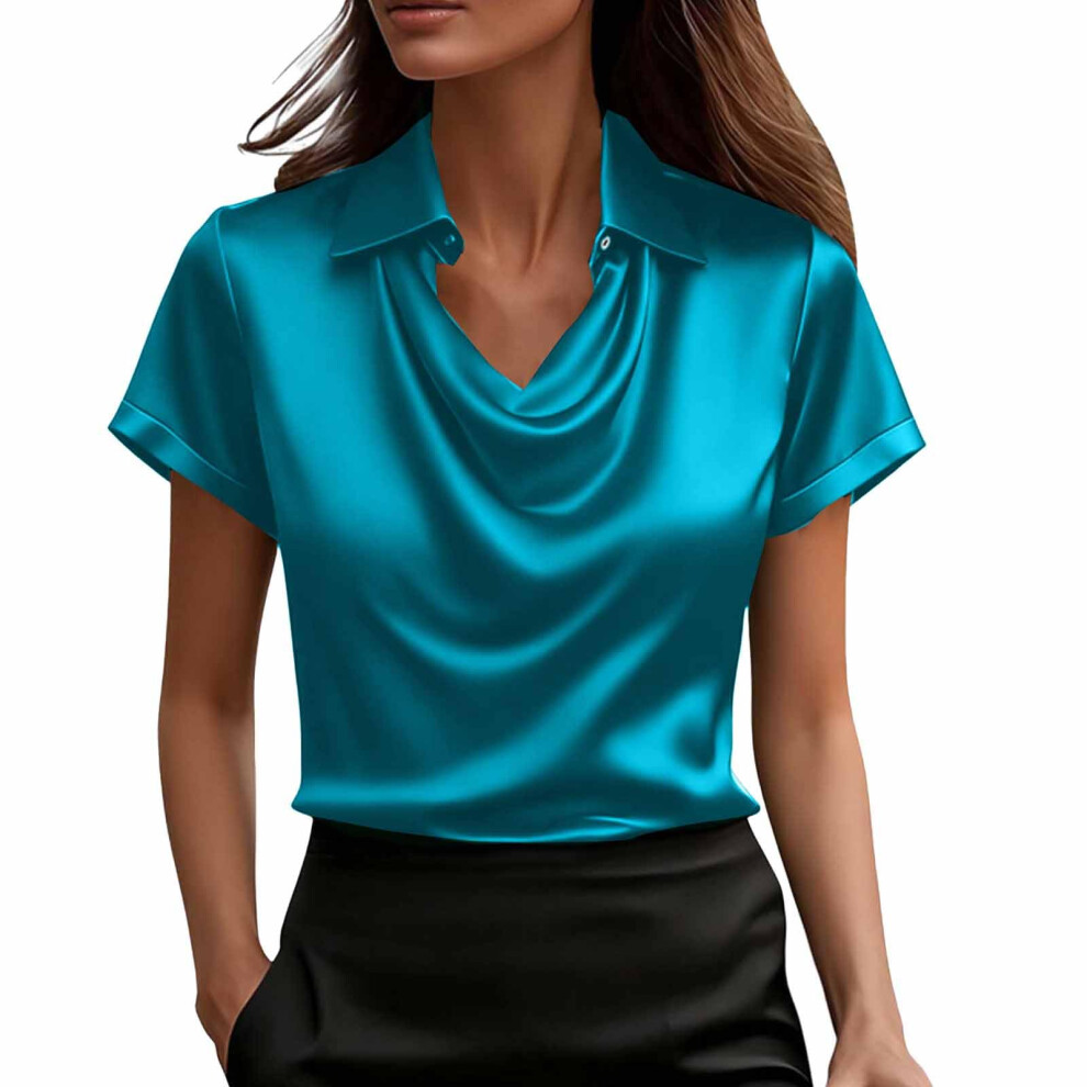 Sky Blue Women Button Neck Blouse Business Casual Work Tops- S