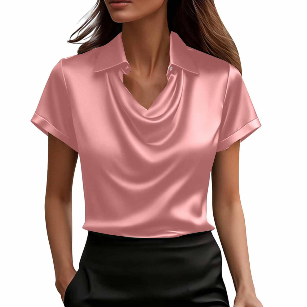 Pink Women Button Neck Blouse Business Casual Work Tops- Xxl
