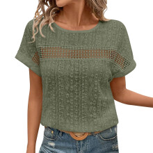 Summer Tops for Women Lace Hollow Out Crewneck-Army Green M