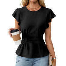 Women's Dressy Casual Blouses Business Ruffle Short-Black S