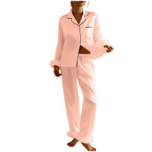 Women's satin pajama set, long-sleeved 2-piece casual-Pink M