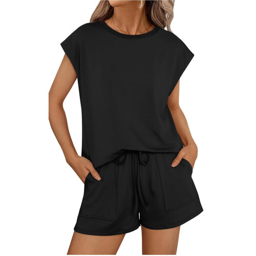Women's Round Neck Two-Piece Short-Sleeved Drawstring-Black M