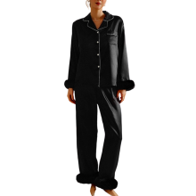 Women's satin pajama set, long-sleeved 2-piece casual-Black XL