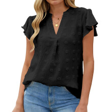 Women's Spring V Neck Ruffle Short Sleeve Blouse-Black XXL
