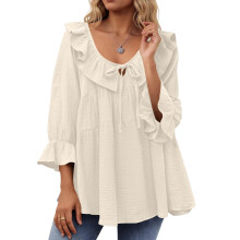 Womens Scoop Neck 3/4 Length Sleeve Tops Casual Tie-apricot L