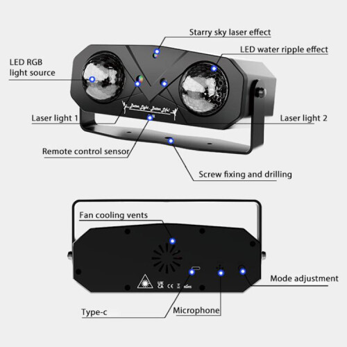Double Magic Ball Laser Light LED Water Ripple RGB Rotating Stage Lamp, Style:USB-IN(Black) 2