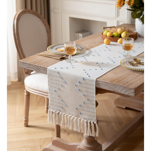 Caminho de mesa boho 33x229cm, algodão natural com franjas 1