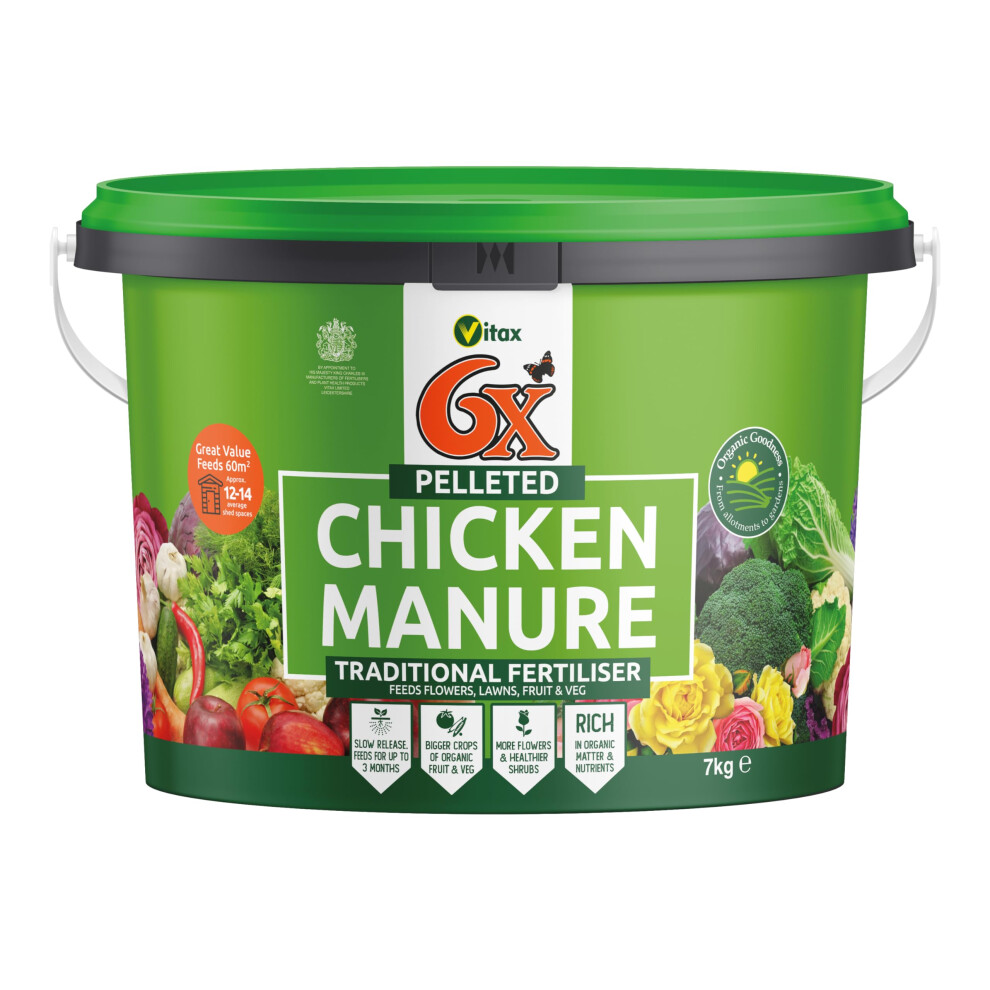 Vitax 6X Natural Pelleted Chicken Fertiliser, Six Times More Nutrients Than Farm Yard Manure, Fully Composted, Weed Free - 7Kg